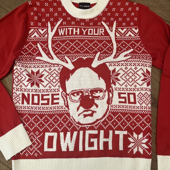 The Office Red Ugly Christmas Sweater With Your Nose So Dwight Adult S Red - Picture 2 of 8